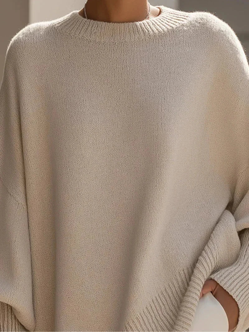Women's Solid Beige Asymmetric Batwing Sleeve Knit Poncho Sweater