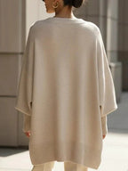Women's Solid Beige Asymmetric Batwing Sleeve Knit Poncho Sweater
