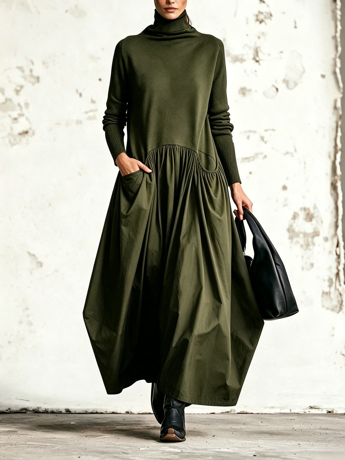 Black High Neck Pocket Detail Oversized Maxi Dress