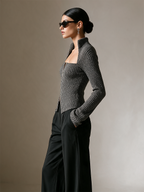 Women's Zip‑Front Cutout Knit Top