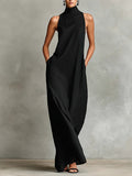 Sleeveless High Neck Linen Maxi Shift Dress