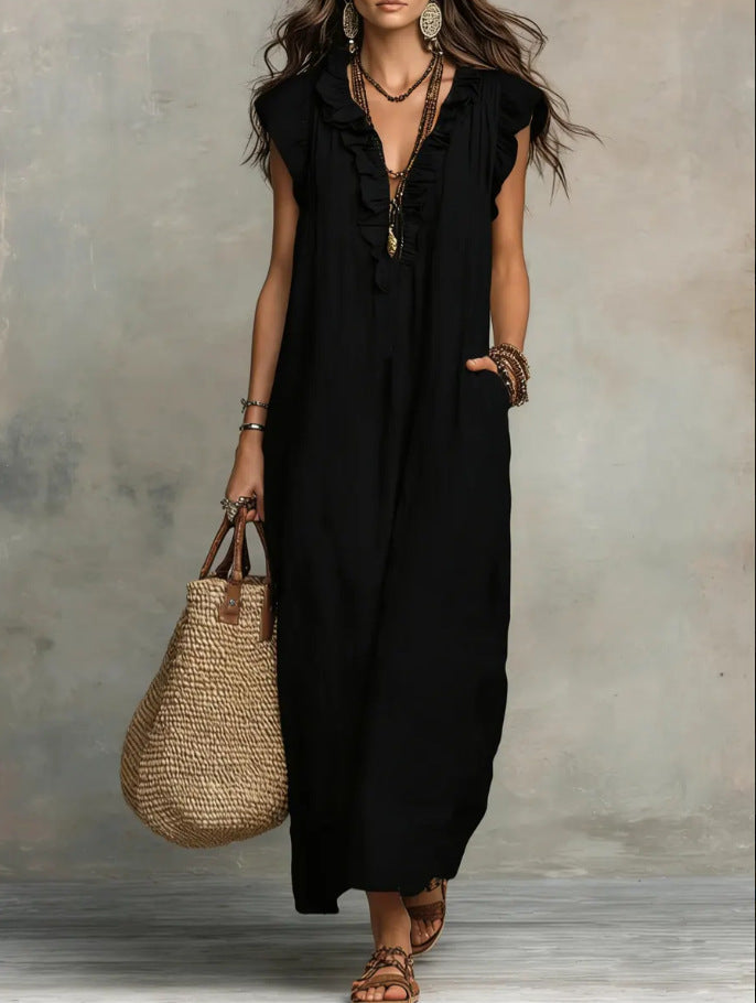 Boho Ruffled V-neck Linen Maxi Dress