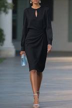 Solid Color Hollow Round Neck Long Sleeve Waisted Midi Dress