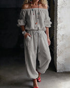 Sage Linen Off Shoulder Drawstring Waist Jogger Jumpsuit