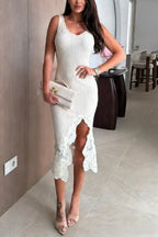 Carah Ribbed Knit Crochet Lace Split Hem Stretch Tank Midi Dress