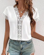Lace Hollow Solid Color T-Shirt