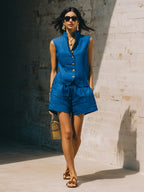 Linen Stand Collar Sleeveless Vest & Elastic Waist Shorts 2 Piece Co-Ord Set
