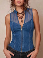 Semi-Sheer Mesh Denim Corset Top