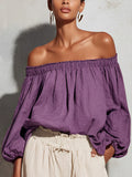 Women Off Shoulder Puff Bubble Sleeve Crinkled Casual Blouse