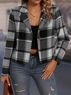 Lapel Plaid Cropped Blazer Jacket, Single Button Long Sleeve Casual Outerwear With Patch Pockets For Fall Daily Outfit