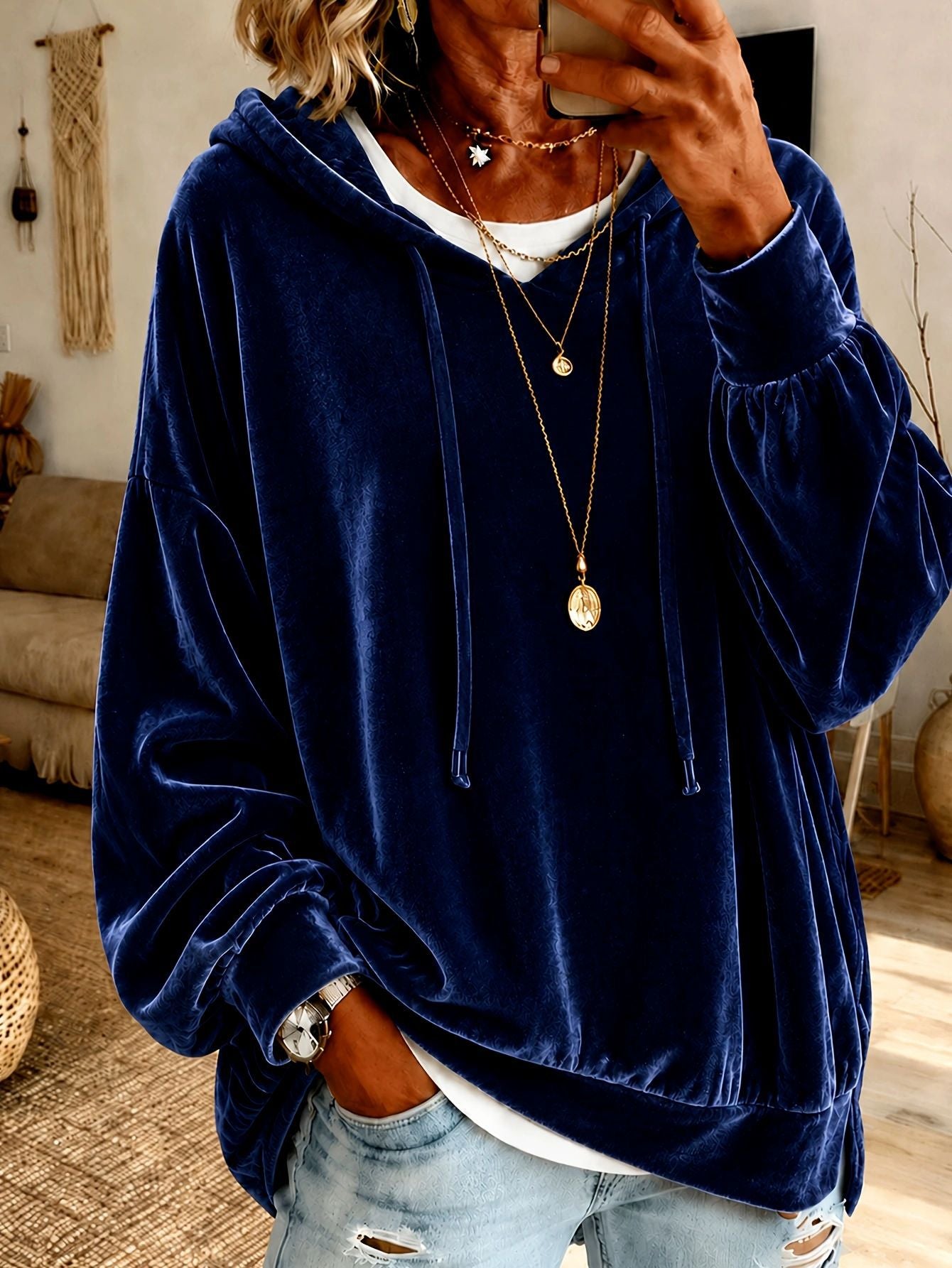 Women‘s Loose Velvet Drawstring Hoodie