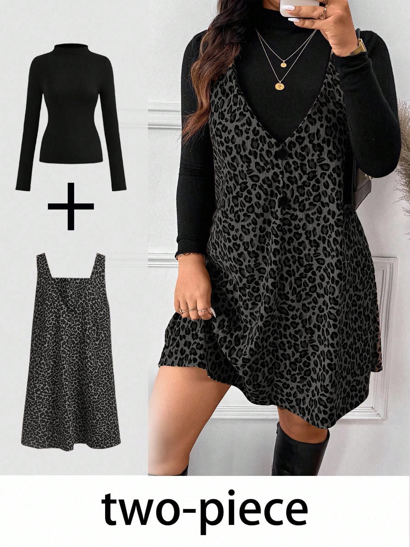 Women's High‑Neck Long Sleeve Top & V‑Neck Sleeveless Mini Dress Two‑Piece Set