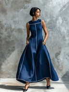 Contrast Stitching Sleeveless Linen Maxi Dress