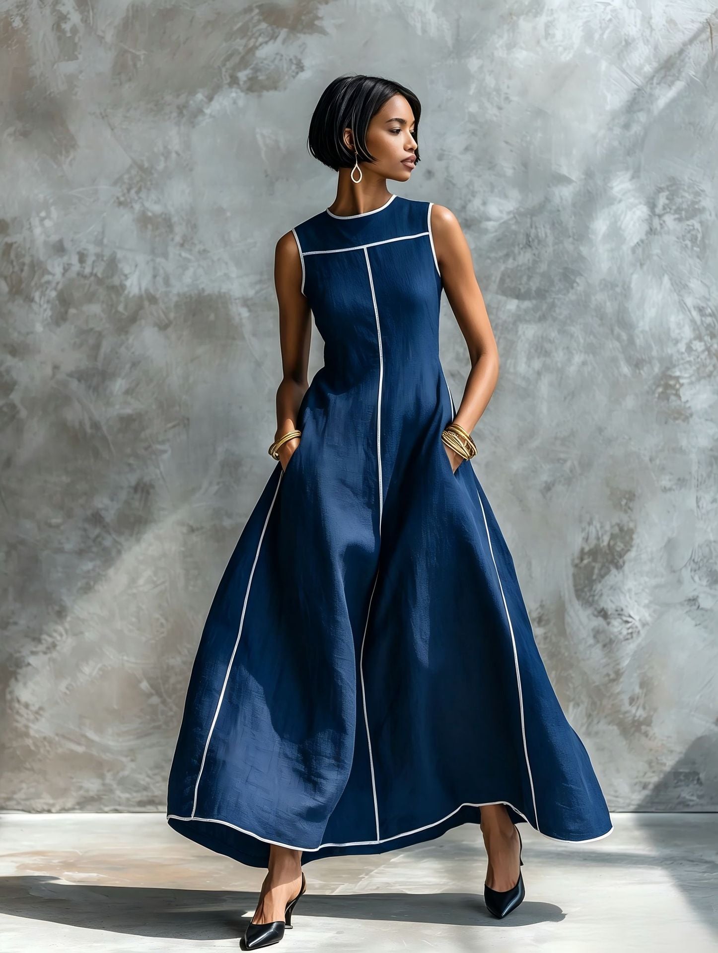 Contrast Stitching Sleeveless Linen Maxi Dress