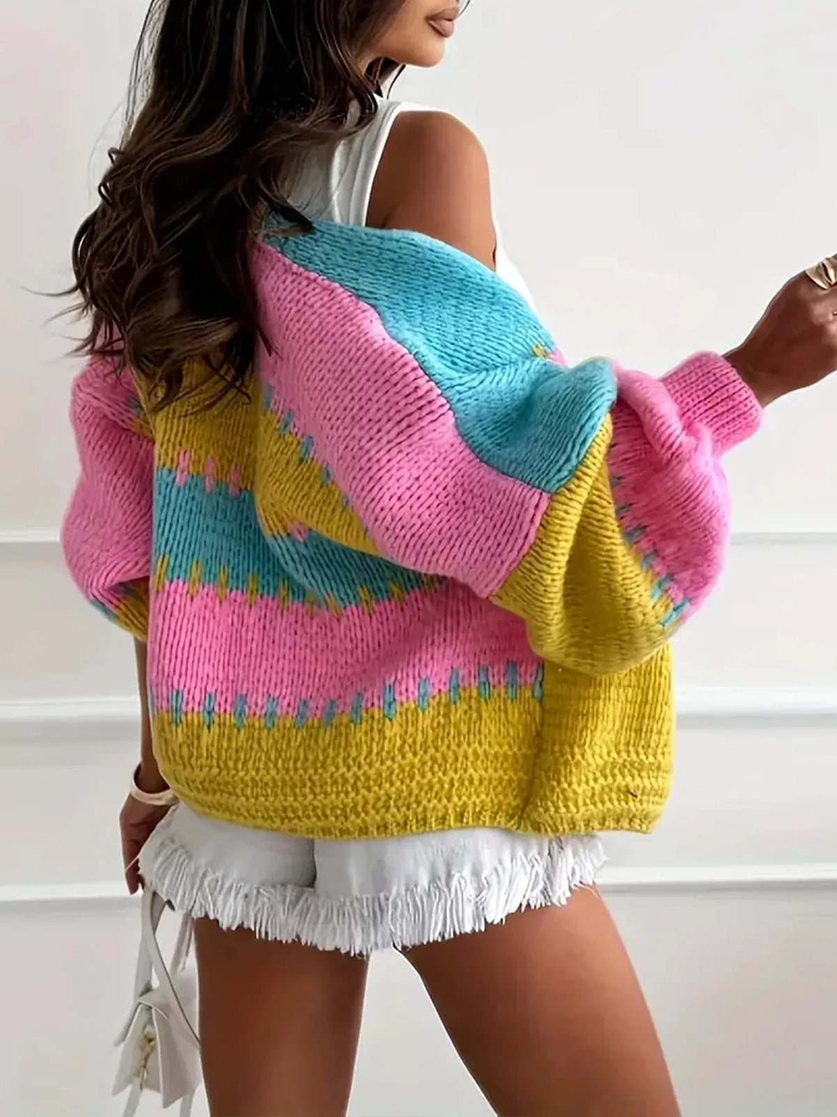 Candy Cloud Cardigan ¨C oversized color block knit in fuchsia, pink, yellow, and blue.