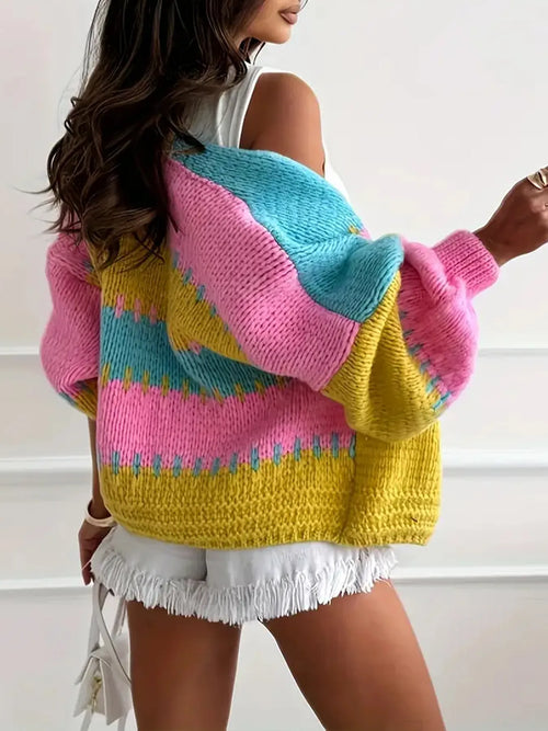 Candy Cloud Cardigan ¨C oversized color block knit in fuchsia, pink, yellow, and blue.