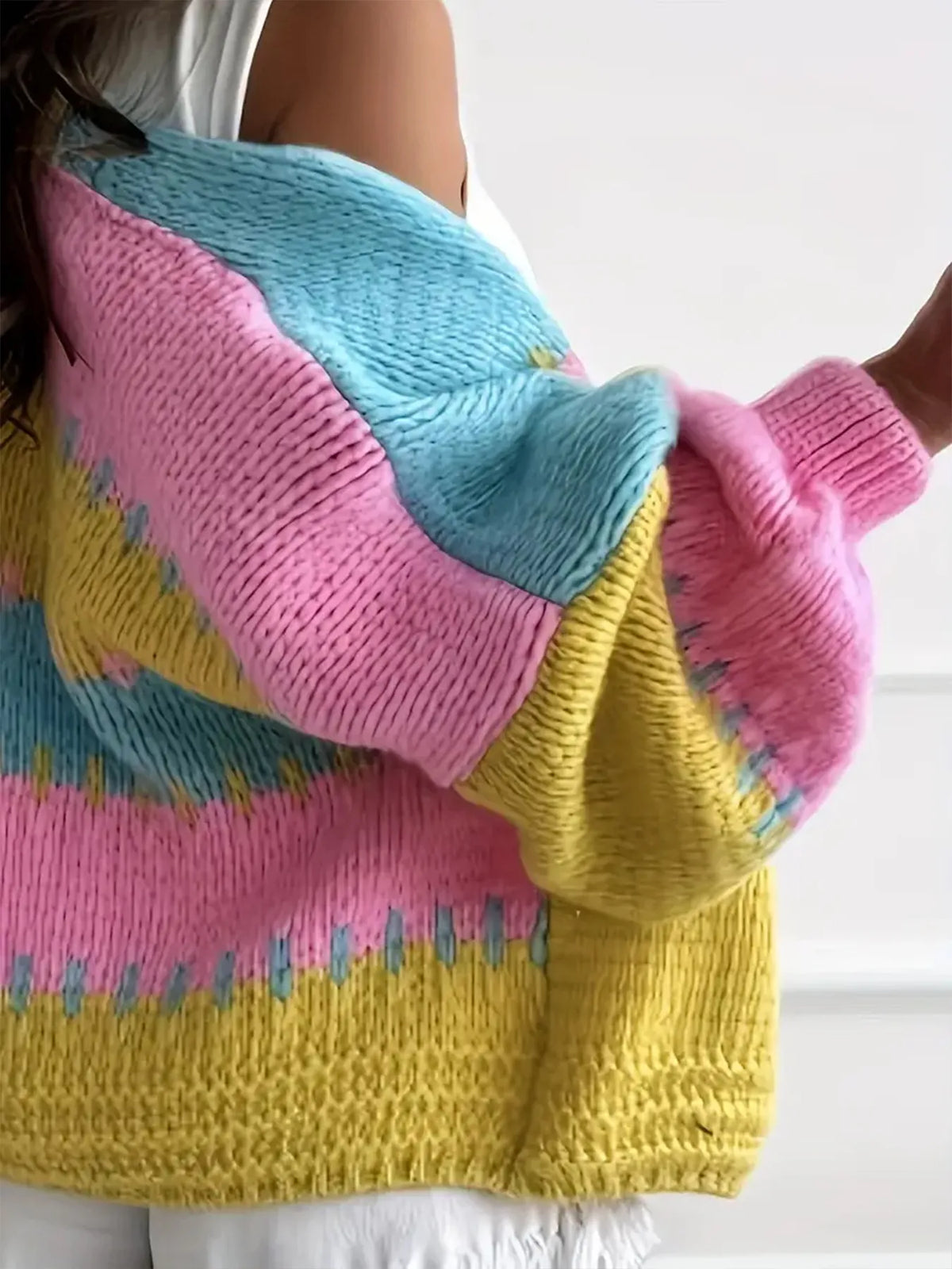 Candy Cloud Cardigan ¨C oversized color block knit in fuchsia, pink, yellow, and blue.