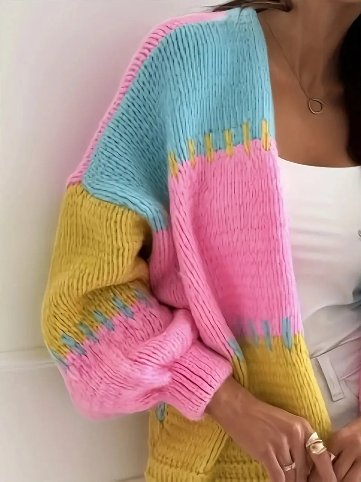 Candy Cloud Cardigan ¨C oversized color block knit in fuchsia, pink, yellow, and blue.