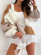 Candy Cloud Cardigan ¨C oversized color block knit in khaki, beige, and cream.