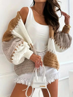 Candy Cloud Cardigan ¨C oversized color block knit in khaki, beige, and cream.