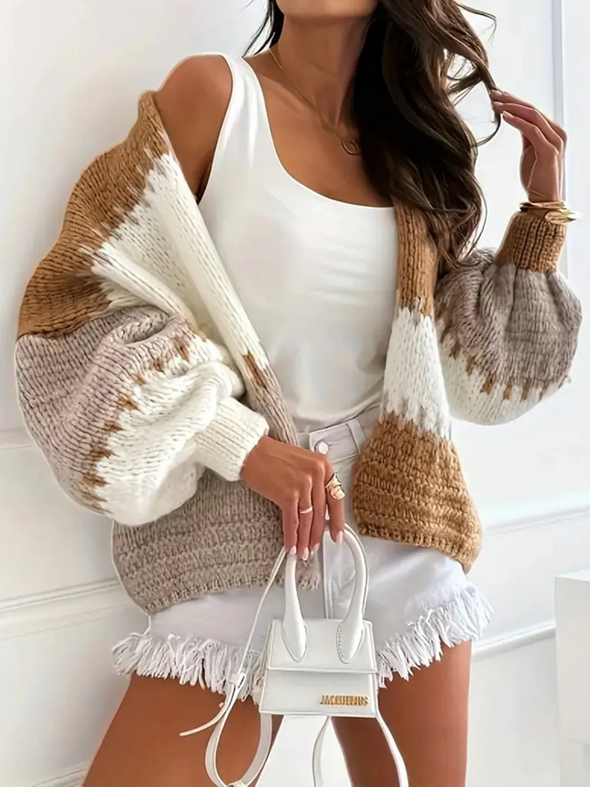Candy Cloud Cardigan ¨C oversized color block knit in khaki, beige, and cream.