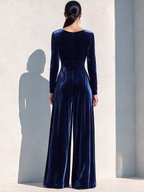 Women's Affordable Luxury Velvet Wide-Leg Jumpsuit With Defined Waist