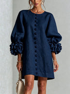 Blush Pink Fabric Floral Appliqué Balloon‑Sleeve Shift Mini Dress