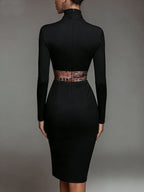 Elegant Stand Collar Jersey Midi Dress Long Sleeve