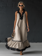 Stylish Simple Sleeveless Color-blocked Ruffled V-neck Cotton Linen Maxi Dress