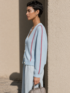Women's Contrast Stitch Casual V-Neck Cardigan