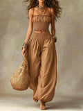 Spaghetti Strap Crop Top Baggy Harem Pants Boho Resort Wear Set