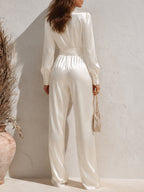 Satin Surplice V‑Neck Long Sleeve Waist‑Tied Wide Leg Elegant Jumpsuit With Pockets