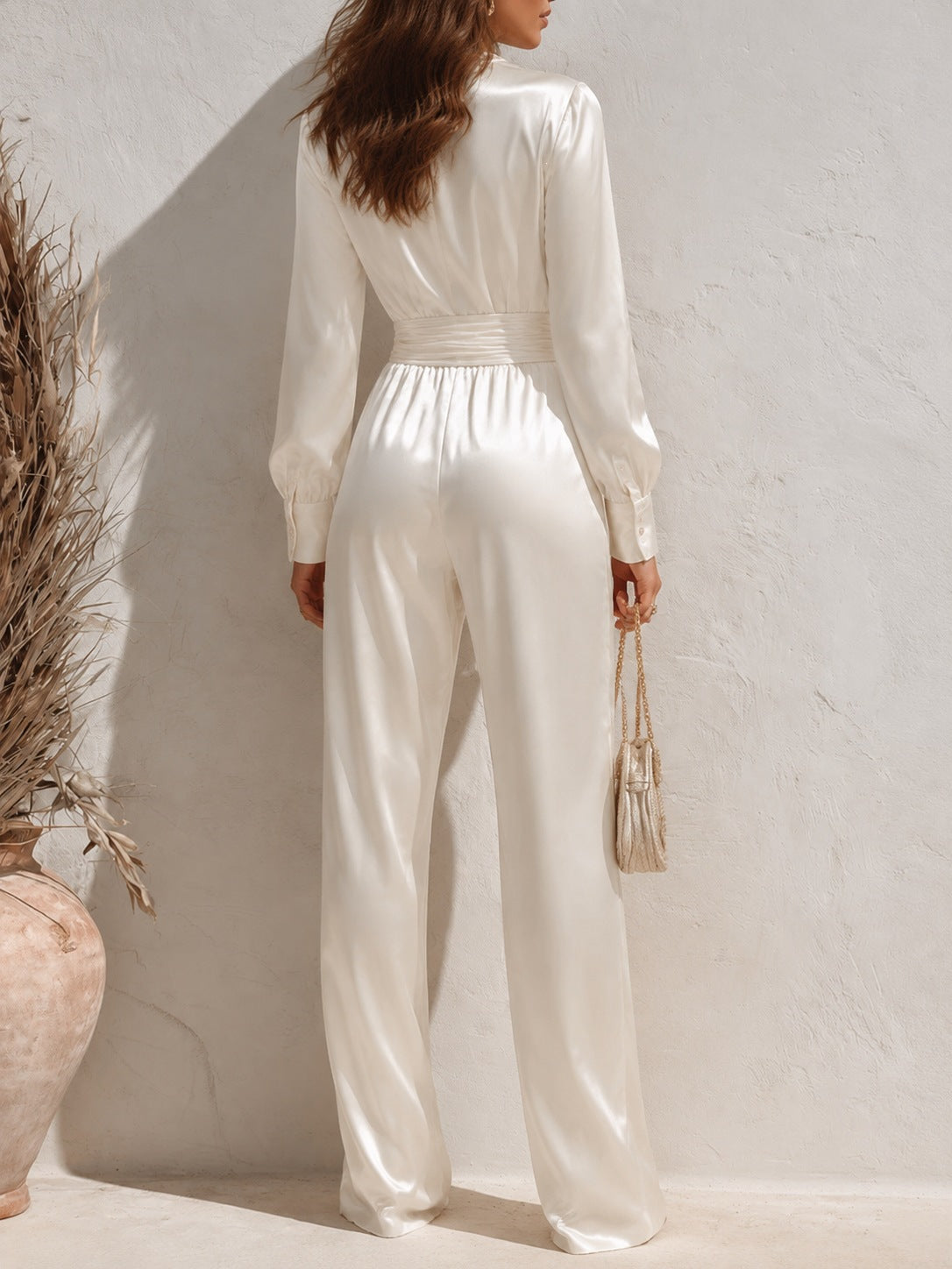 Satin Surplice V‑Neck Long Sleeve Waist‑Tied Wide Leg Elegant Jumpsuit With Pockets