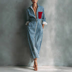 Women's Blue And White Cotton Blend Striped Shirt Dress With Red Chest Pocket
