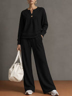 Women's Notch‑Neck Button Long‑Sleeve Top & Wide‑Leg Pants Two‑Piece Loungewear Set