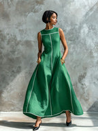 Contrast Stitching Sleeveless Linen Maxi Dress