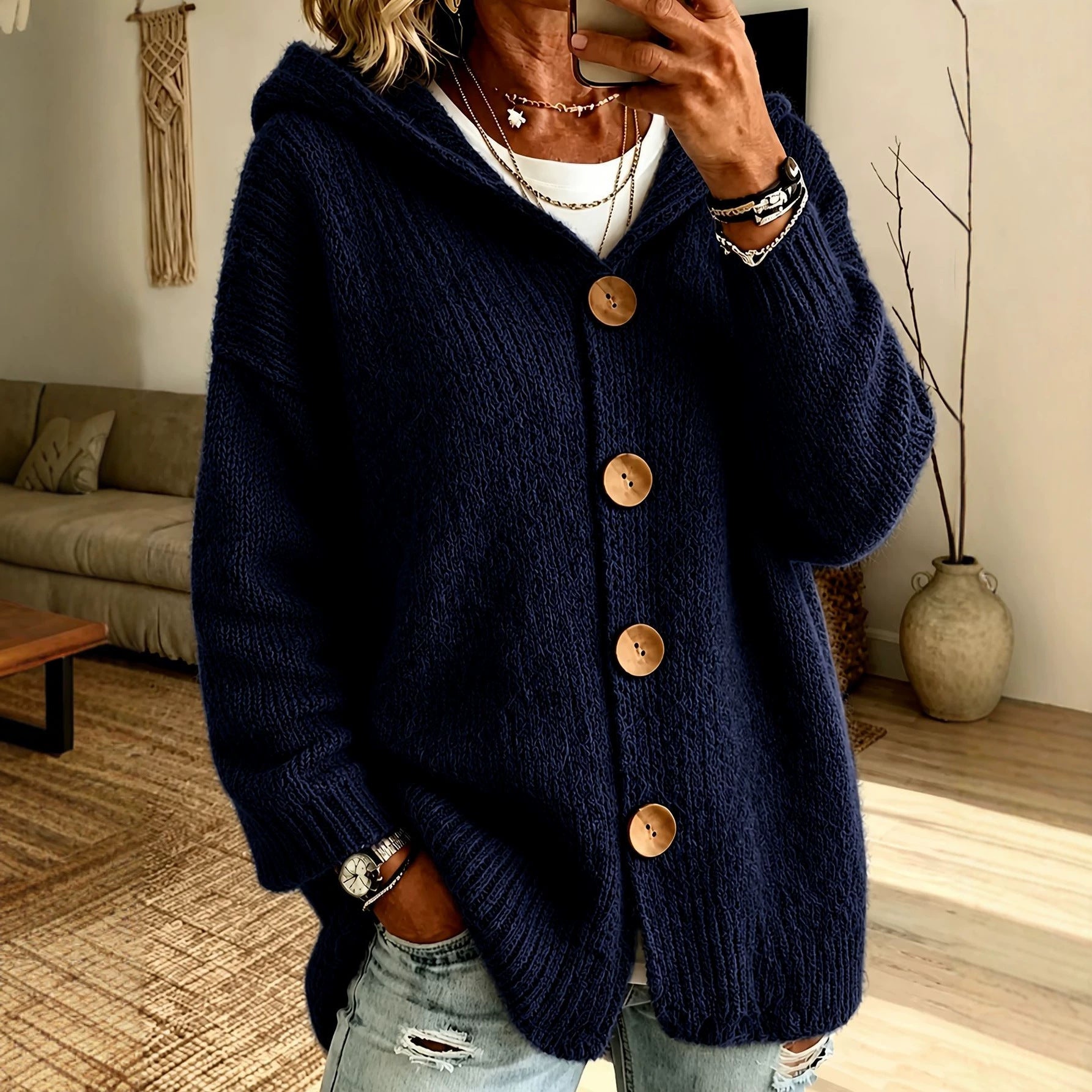 Oversized Hooded Button‑Front Long Sleeve Loose Fit Knit Cardigan With Pockets