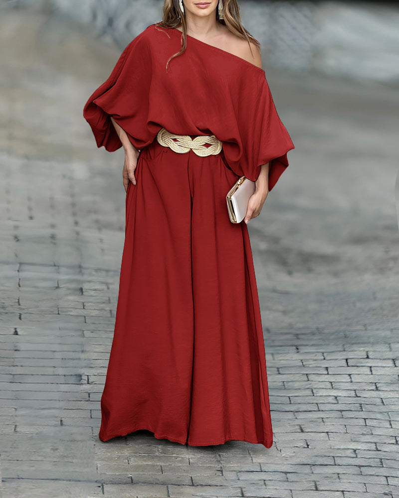 Skew Neck Lantern Sleeve Loose Top & Zipper Fly Wide Leg Pants Set Without Belt