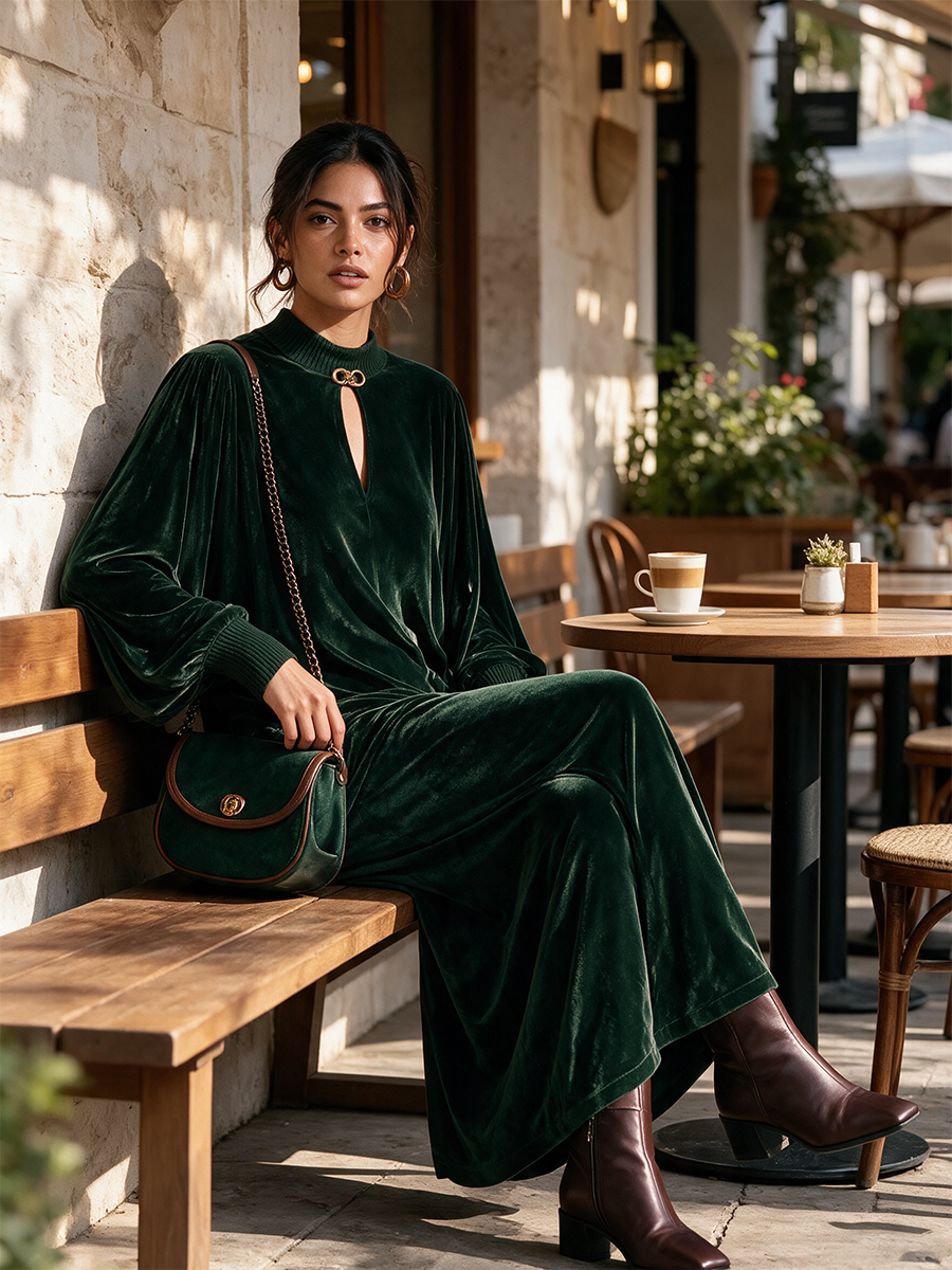 Women's Round Neck Drop-Shoulder Blouson-Sleeve Top & Wide-Leg Trouser Velvet Set