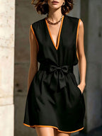 Contrast Piping V-Neck Self Tie Belt Sleeveless Mini Dress