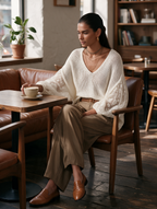 Women's V-Neck Open-Knit Lace-Panel Balloon-Sleeve Relaxed Wool-Knit Top