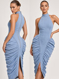 Ruched Halter Denim Dress — Light Wash