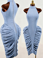 Ruched Halter Denim Dress — Light Wash