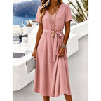 Women's Midi Dress Casual Dress Summer Dress Elegant Vacation Fashion Daily Outdoor Beach Plain Short Sleeve V Neck White Pink Green Apricot Summer Spring