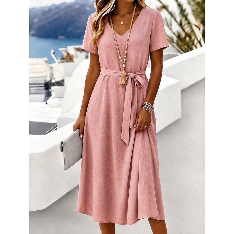 Women's Midi Dress Casual Dress Summer Dress Elegant Vacation Fashion Daily Outdoor Beach Plain Short Sleeve V Neck White Pink Green Apricot Summer Spring