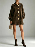 margot oversized faux suede jacket dress in chocolate brown worn as a mini dress with ankle boots - full length