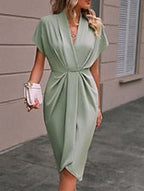 Women's Casual Dress Midi Dress Ruched Date Vacation Streetwear Basic V Neck Short Sleeve Black Pink Dark Green Color
