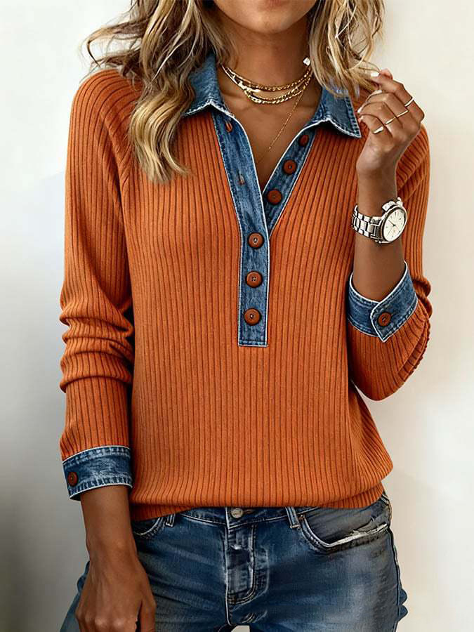 Floweary Cool Long Sleeve Denim Collar Button Front Top