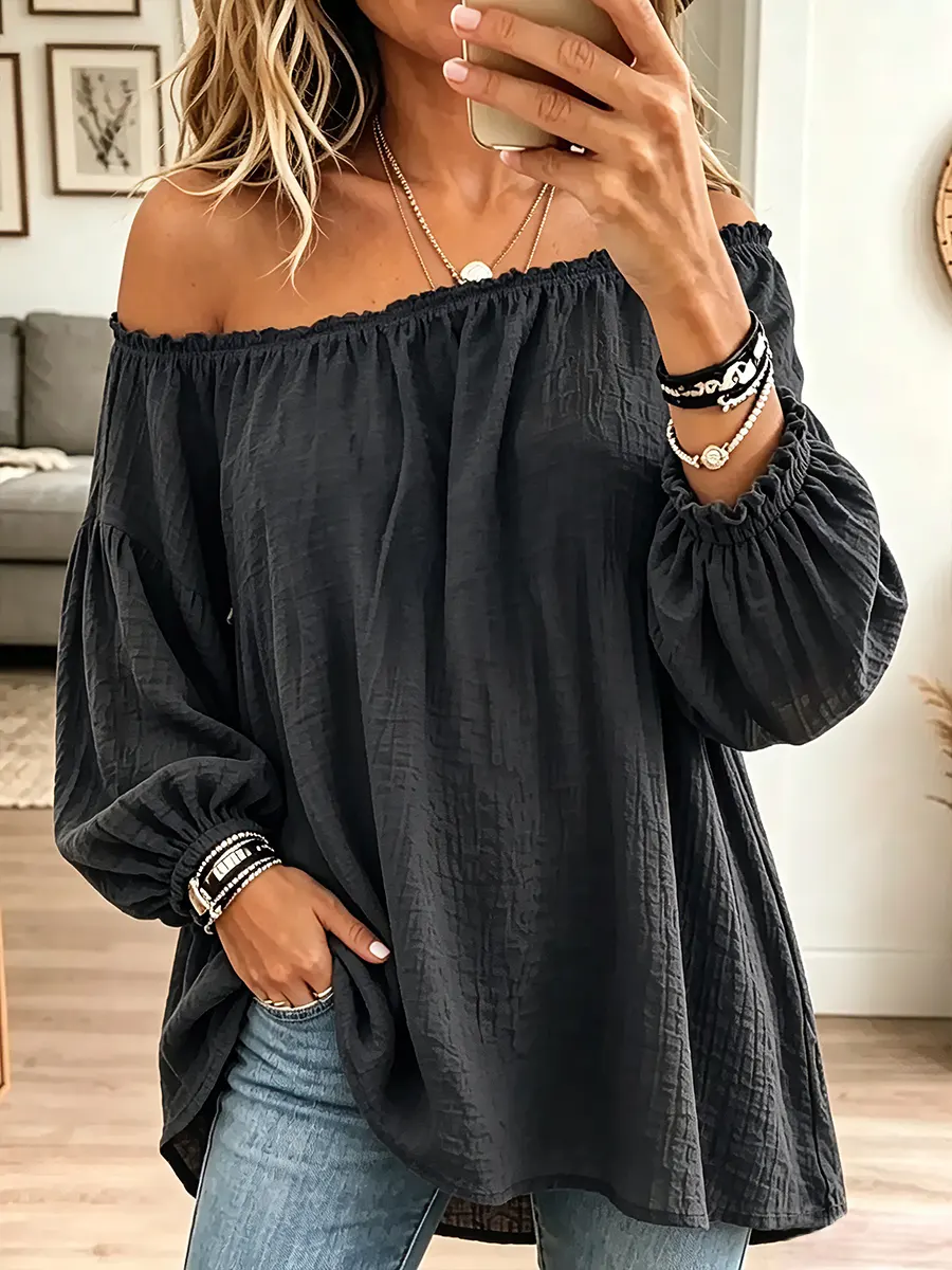 Vintage Elegant Off-the-shoulder Elasticated Pleated Cotton And Linen Solid Color Shirt - Black / S