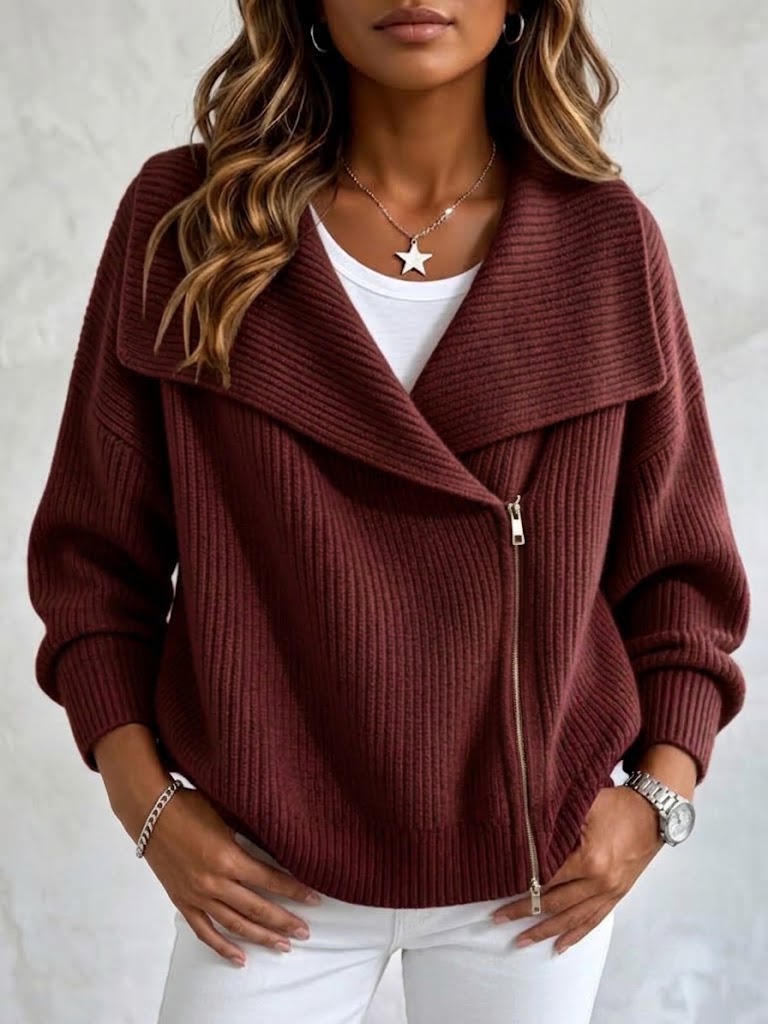 Women's Large Collar Asymmetric Zip Long Sleeve Ribbed Knit Sweater Jacket